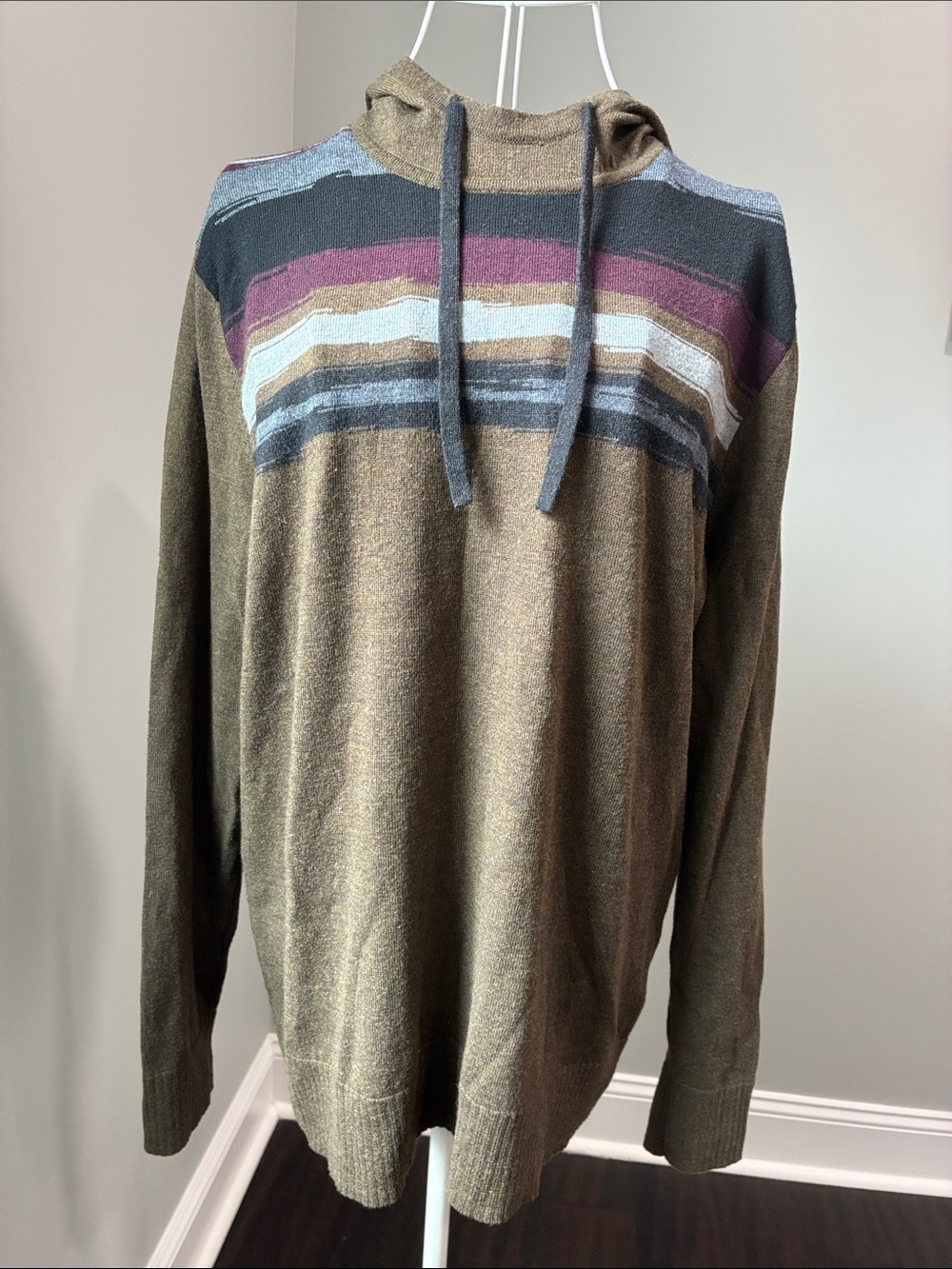 Smartwool Olive Crewneck Sweater with Multicolor Stripe Yoke